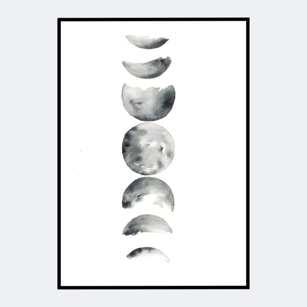 Moon Phases Print, Planet Wall Art, Black And White, Moon Poster Print, Phases of Moon Wall Art, Digital Download, Crescent Moon Decor